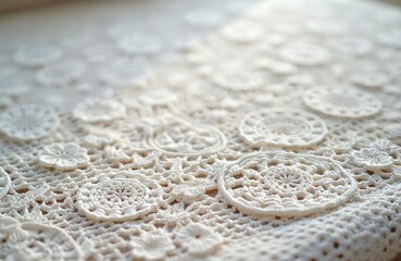 Cream colored crochet tablecloth features circular floral motifs, intricate openwork stitching. Handmade textile adds delicate texture, vintage feel to home decor. Perfect for rustic shabby chic