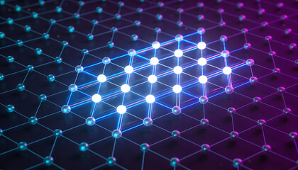 Digital 3D illustration of an abstract glowing geometric network grid with connected nodes and luminous blue light representing big data technology and artificial intelligence