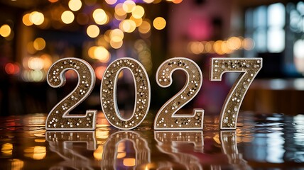 A glittering and reflective depiction of the numbers 2027 suggests a new year celebration or future anticipation high quality