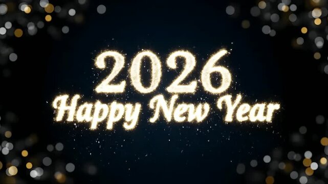 2026 Happy New Year text sparkling gold particles against a deep blue background framed by silver and gold bokeh for an elegant holiday message