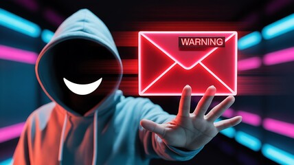 A hooded figure with a glowing smile presents a digital warning sign resembling an email emphasizing online security risks