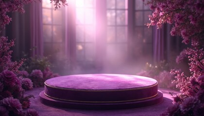 Deep purple velvet podium with gold trim, surrounded by blooming pink flowers, soft light beams. Elegant stage displays luxury goods beauty products, ideal for high-end presentations, promotions,