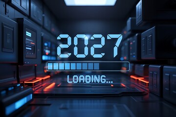 A futuristic dimly lit corridor showcases a digital display prominently featuring the year 2027 and a loading bar progressing