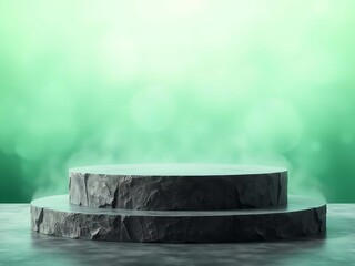 A 3D rendering of two stone platforms on a green background with fog