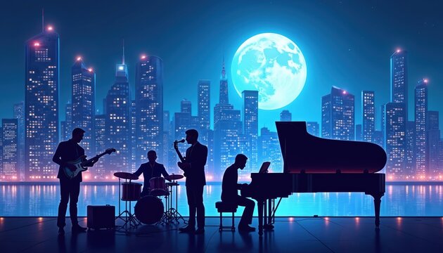 Silhouettes of musicians play instruments on a stage. City skyline and large moon are in background. Band performs jazz music at night by water.