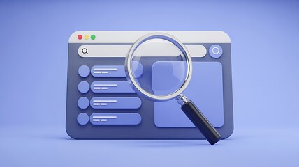 A stylized 3d rendering showcases a computer browser window with a magnifying glass focusing on search representing data analysis and information discovery