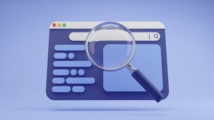 A digital illustration displays a computer browser window with a magnifying glass hovering over it symbolizing search and data analysis