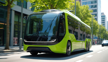 Futuristic green bus drives on city street. Smart public transport moves through urban landscape. Eco friendly autonomous vehicle offers green commuting.
