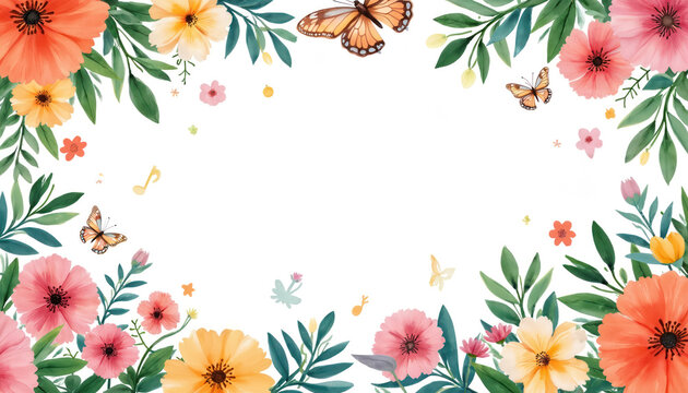 Watercolor floral border with butterflies and musical notes. Colorful spring blossoms and green leaves frame white space. Cute design for cards, posters, or children party invitations.