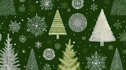 Green Christmas background with snowflakes and christmas trees seamless pattern of christmas trees and snowflakes on green background Christmas wrapping paper Xmas pattern with ornaments 
