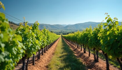 Fototapeta premium Vast vineyard rows stretch toward hazy mountains under clear blue sky. Rich green grapevines grow in neat lines on fertile soil. Sun illuminates perfect rows ready for harvest.