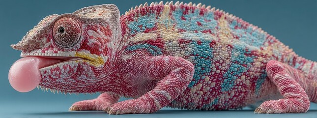Photograph of a happy chameleon with a long, pink tongue on a turquoise background