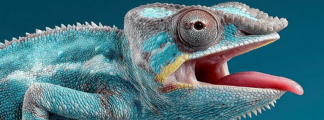 Photograph of a happy chameleon with a long, pink tongue on a turquoise background