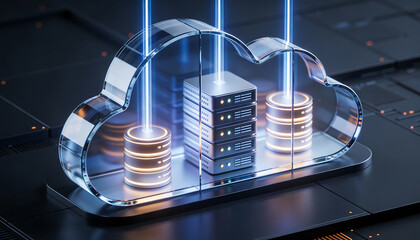 Digital isometric 3D illustration of a stylized cloud storage system with glowing blue data circuits representing cloud computing server infrastructure and global network hosting