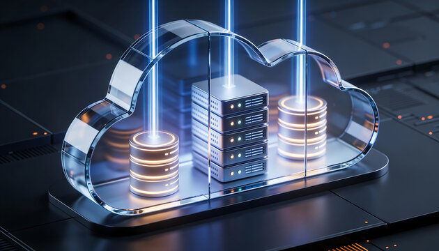Digital isometric 3D illustration of a stylized cloud storage system with glowing blue data circuits representing cloud computing server infrastructure and global network hosting - Powered by Adobe