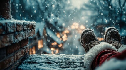 Photograph of Santa Claus's legs protruding from the chimney on a Christmas night