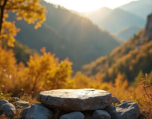 Obraz premium Stone podium in mountain valley autumn forest. Sunlit rocks create natural display stand. Copy space available for product promotion and outdoor themes.