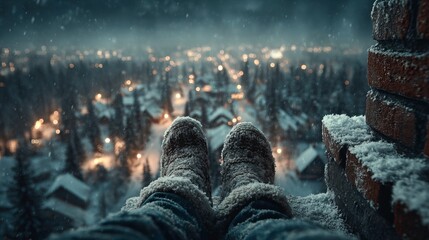 Photograph of Santa Claus's legs protruding from the chimney on a Christmas night