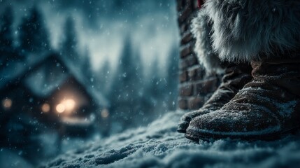 Photograph of Santa Claus's legs protruding from the chimney on a Christmas night