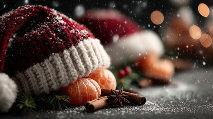 A red santa hat with white fur, oranges, and cinnamon on a snowy background