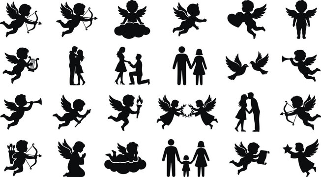 Set of cupid and romantic couple silhouettes. Vector angel icons with bow and arrow, lovers kissing, and wedding symbols for valentine day.