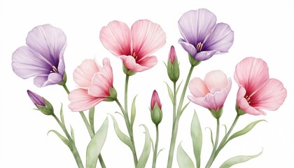 Obraz premium Watercolor floral illustration features delicate pink and purple flowers with green leaves. Soft pastel petals create a gentle, dreamy aesthetic perfect for spring designs or elegant decor.
