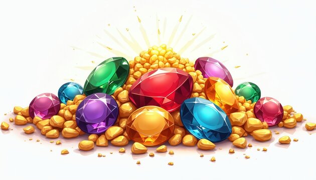 Pile of shiny gold nuggets, colorful precious gemstones isolated on white background. Bright radiant treasures represent wealth, success. Luxury jewels include ruby, emerald, sapphire, amethyst,
