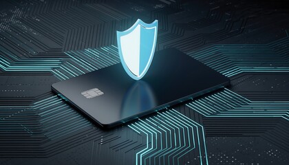A glowing blue shield hovers protectively above a black credit card resting on a complex circuit board pattern symbolizing data security