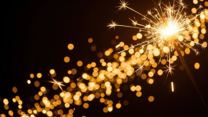 Sparkling golden light on a black background, festive and celebratory atmosphere with bokeh effect