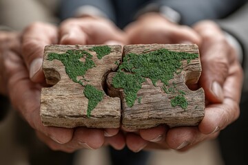 A group of business people holding a wooden puzzle with a green earth symbol on it