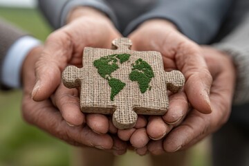 A group of business people holding a wooden puzzle with a green earth symbol on it