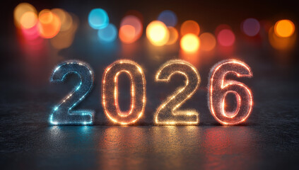 a photograph of the text 2026 written in sparkling golden numbers on a dark peacock background,