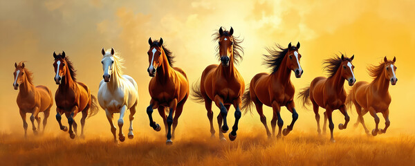 Seven horses run gallop across golden grassy field under warm hazy sky. Brown white horse herd moves fast. Majestic animals free wild nature power, freedom motion.