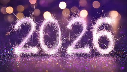 a photograph of the text 2026 written in sparkling golden numbers on a dark peacock background,