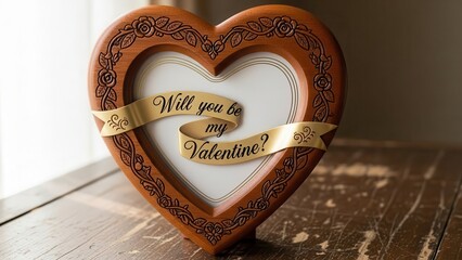 HeartShaped Frame with Will You Be My Valentine Message on Wooden Table