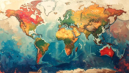 Painted, stylized world map showcasing continents and oceans