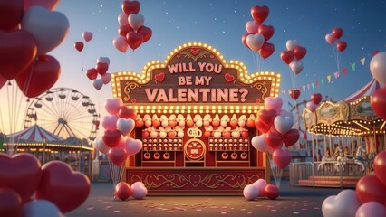 Carnival game booth decorated with heart balloons asks Will You Be My Valentine for romantic holiday advertising backgrounds.