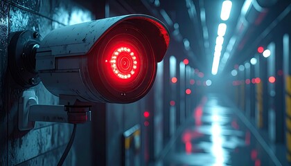 Red Security Camera in Dark Corridor