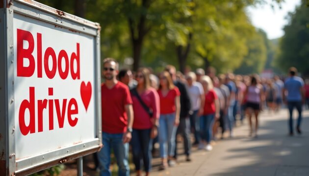 People line up for blood donation event. Community members show support for health care. Sign indicates blood drive activity. Giving life saving blood saves others.