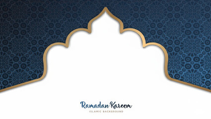 Ramadan kareem islamic background with blue pattern and golden arch illustration