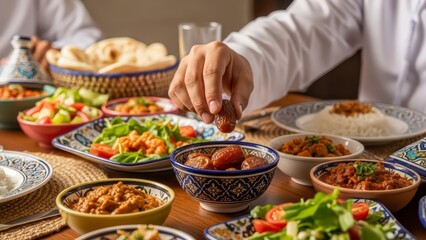 Obraz premium Sharing a traditional middle eastern meal, where a hand picks up a date from a spread of delicious dishes illustration