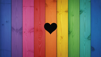 Vibrant rainbow colored wooden planks with black heart symbol