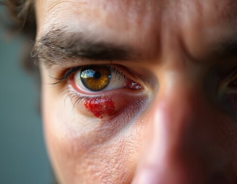 Macro view of man red swollen eye showing a chalazion or stye infection. Eyelid is inflamed and painful. Visible redness and discomfort on the skin.