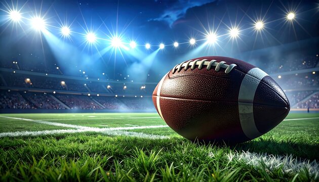 A dramatic view of an american football illuminated under bright stadium lights on lush green grass showcasing the sport s intensity