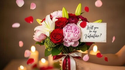 Romantic Bouquet with Roses and Lilies Valentines Day Flower Arrangement with Message Card