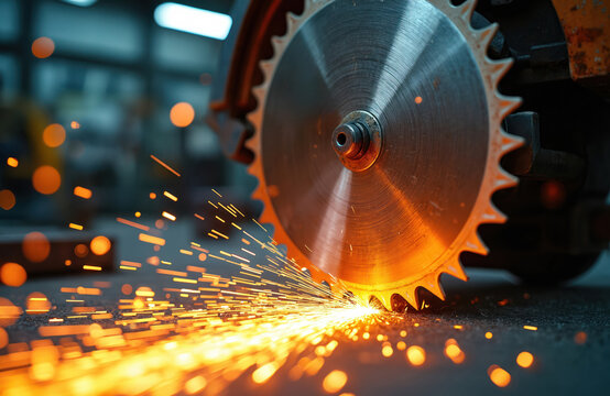 Circular saw cuts metal creating many bright sparks. Sharp spinning blade in action at workshop. Intense heat glow from fast cutting process. Machine tool works with steel.