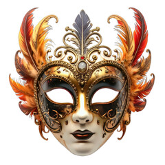 An ornate Venetian masquerade mask featuring gold filigree, dark accents, and vibrant orange and gray feathers against a black background.