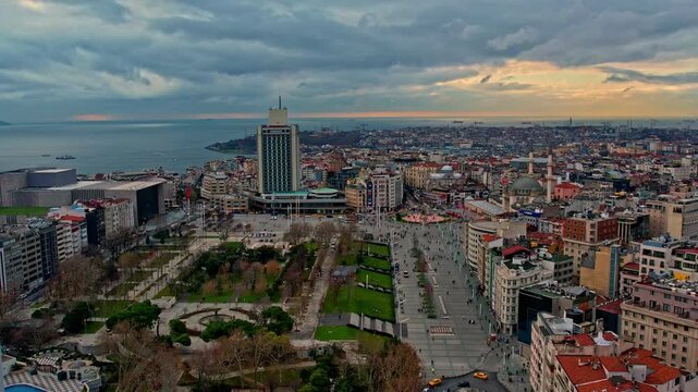 Daytime aerial view of Istiklal Street and the Taksim area. Main roads, city park and dense urban texture reflect Istanbul&rsquo;s central location, cultural identity and touristic appeal.