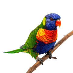 A vibrant Rainbow Lorikeet perched on a branch against a solid black background.