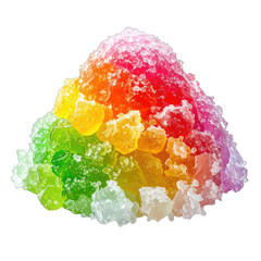 Vibrant mound of colorful, icy rock candy or shaved ice against a stark black background.